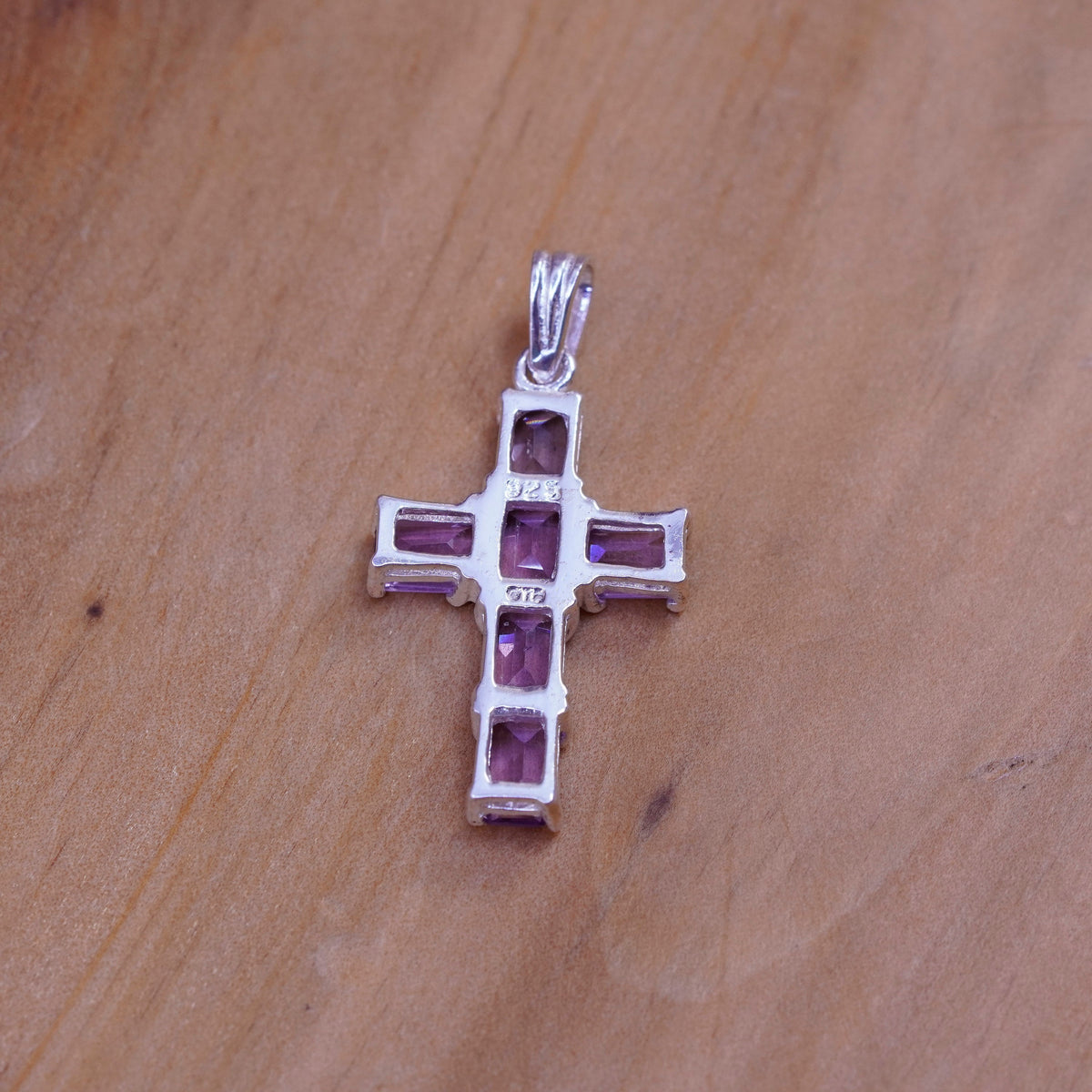 Vintage Sterling silver handmade pendant, 925 cross with Violet Cz, Christian