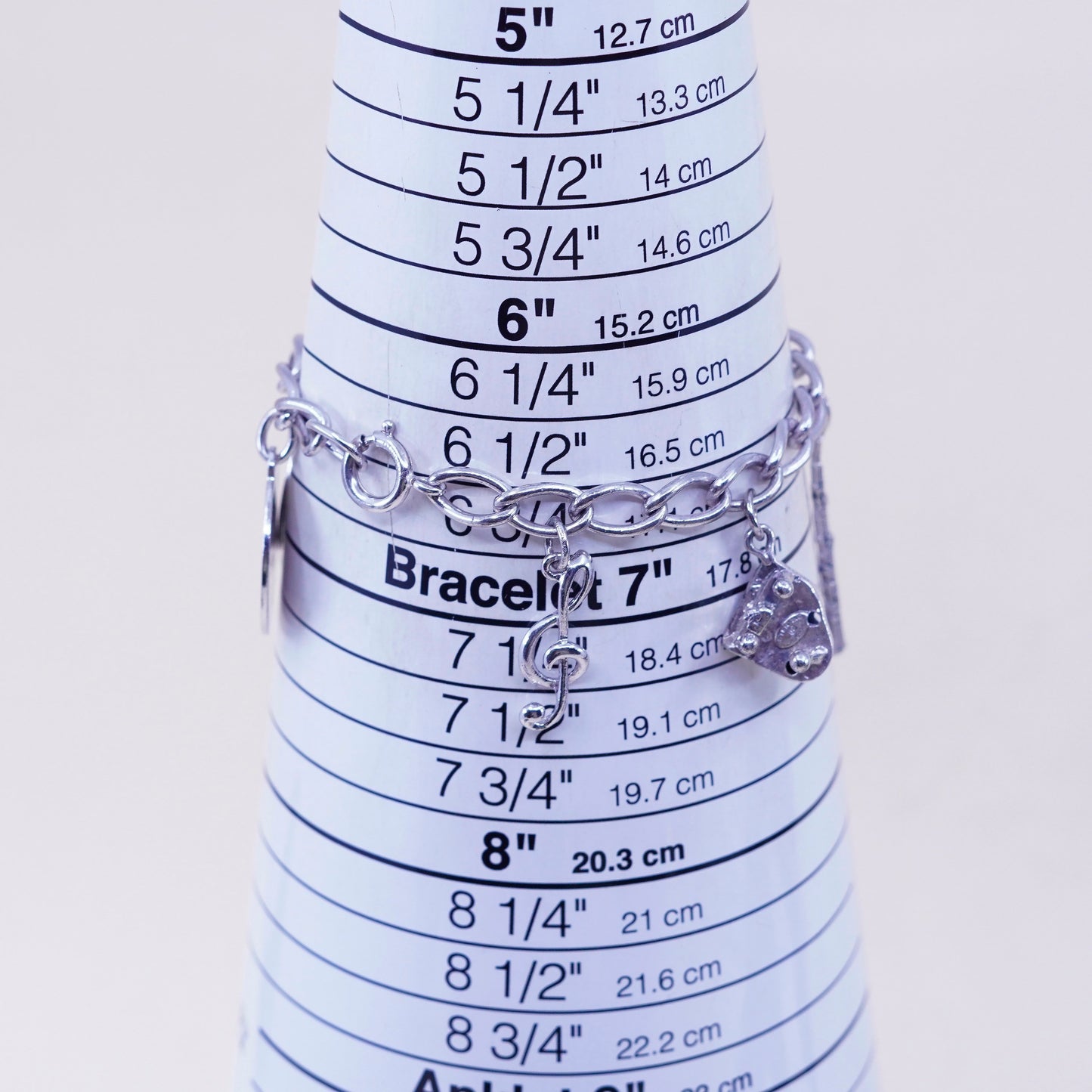 6.75”, sterling silver bracelet, 925 circle chain tag piano music charms