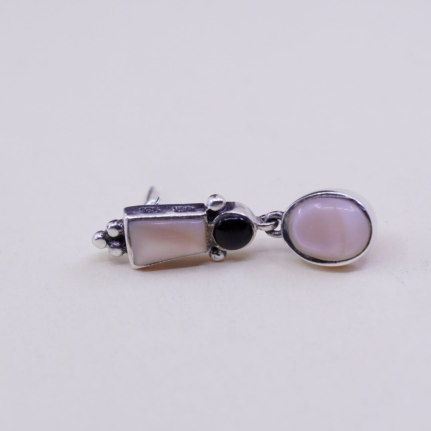 Vintage Sterling 925 silver handmade earrings with mother of pearl and obsidian
