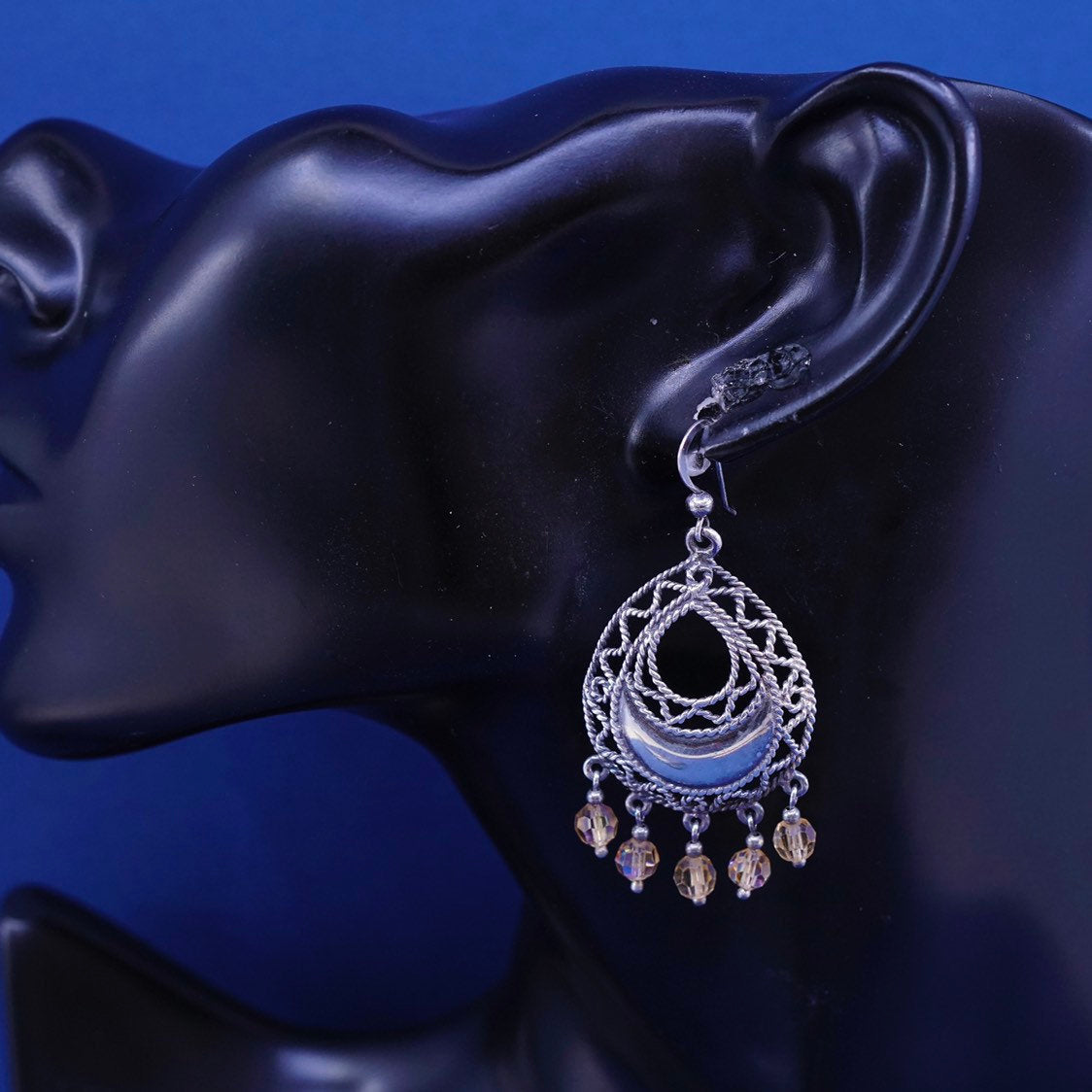 Sterling silver handmade earrings, 925 filigree teardrop drops fringe crystal