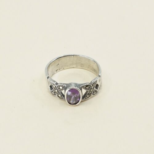 Sz 8, Sterling Silver handmade Ring, 925 Silver W/ amethyst n marcasite