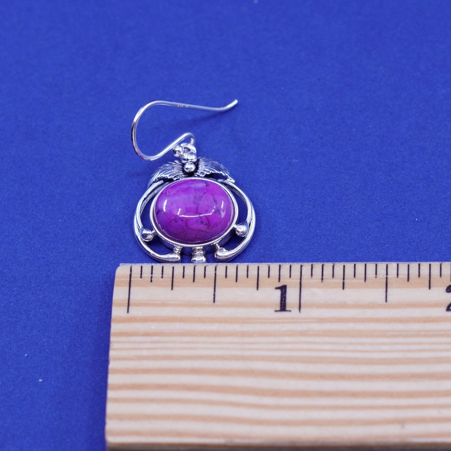 Vintage BBJ Sterling 925 silver handmade earrings with purple turquoise leaves