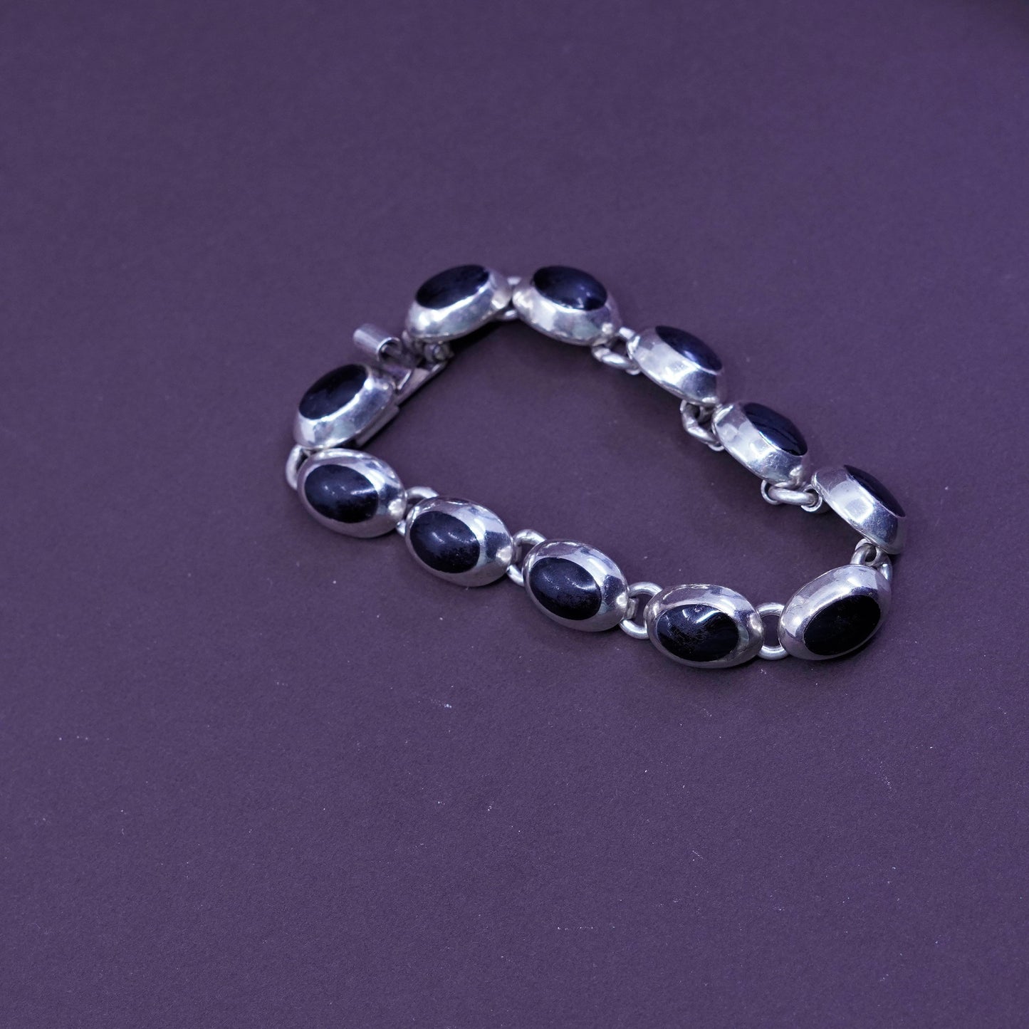 7”, vintage Sterling silver handmade bracelet, Mexico 925 with oval obsidian