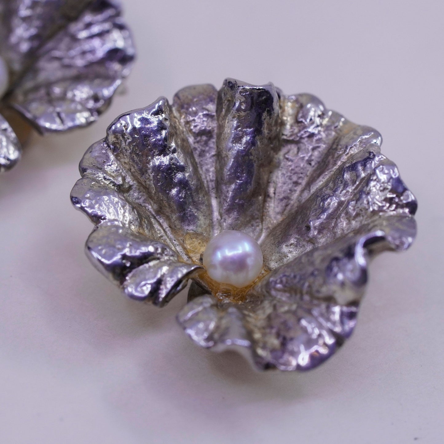 vintage napier sterling 925 silver handmade leaf earrings, clip on with pearl