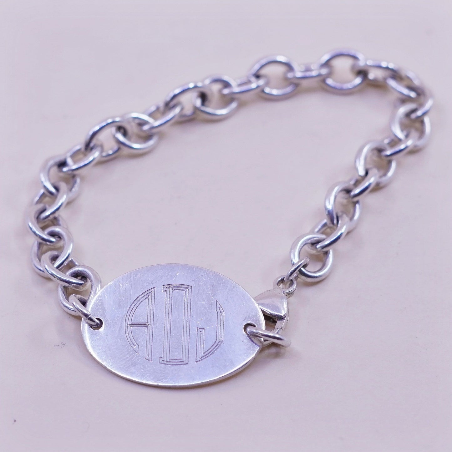 7”, Vintage sterling silver circle chain, 925 bracelet monogram initial “ADJ”