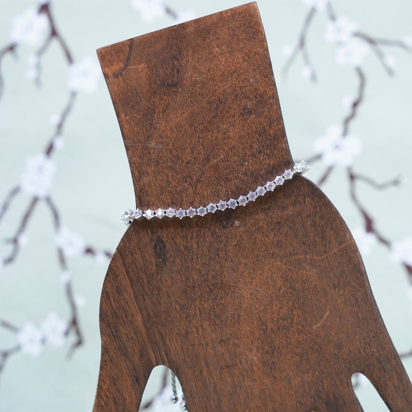 Size adjustable, Vintage sterling silver bracelet, 925 box chain white topaz
