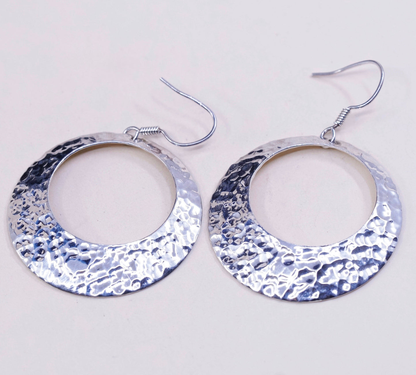 vtg sterling silver handmade earrings, 925 circle w/ hammered texture