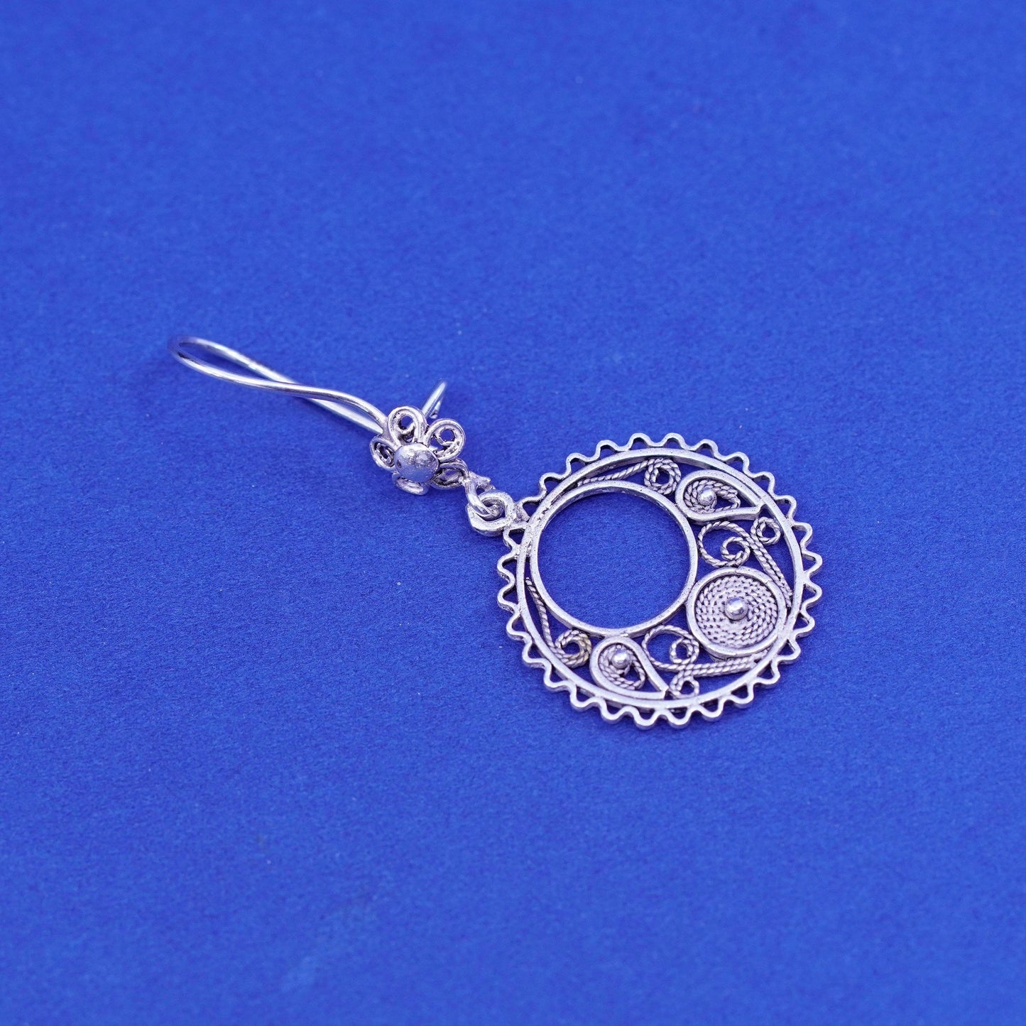 Vintage DCS sterling silver handmade earrings, 925 filigree round dangles