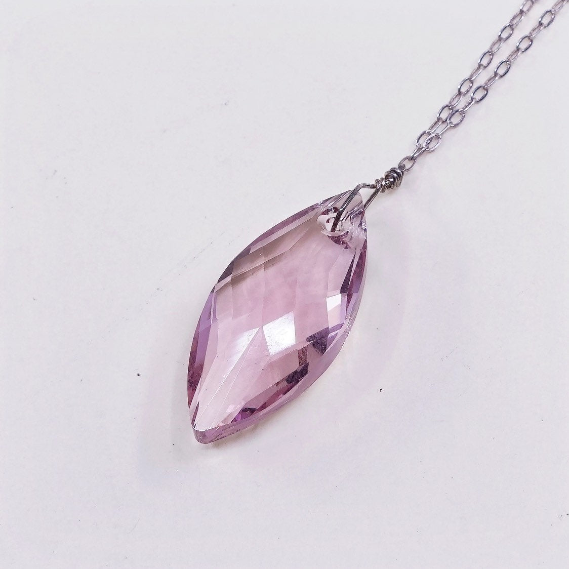 16", 2mm, vtg Sterling 925 silver handmade necklace w/ pink crystal pendant