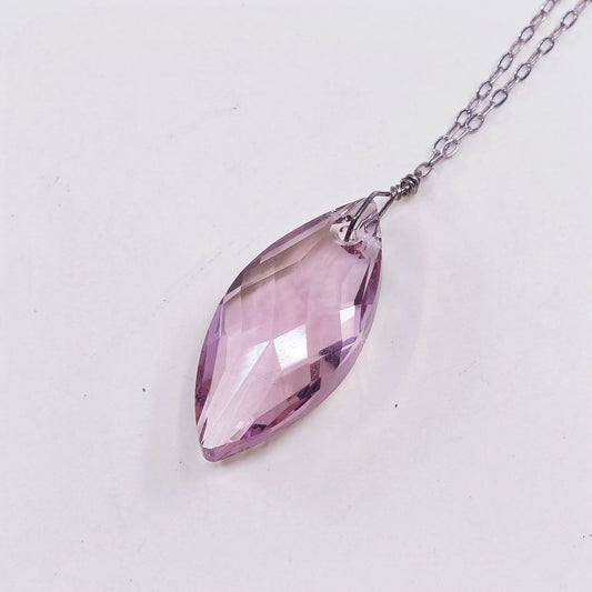 16", 2mm, vtg Sterling 925 silver handmade necklace w/ pink crystal pendant