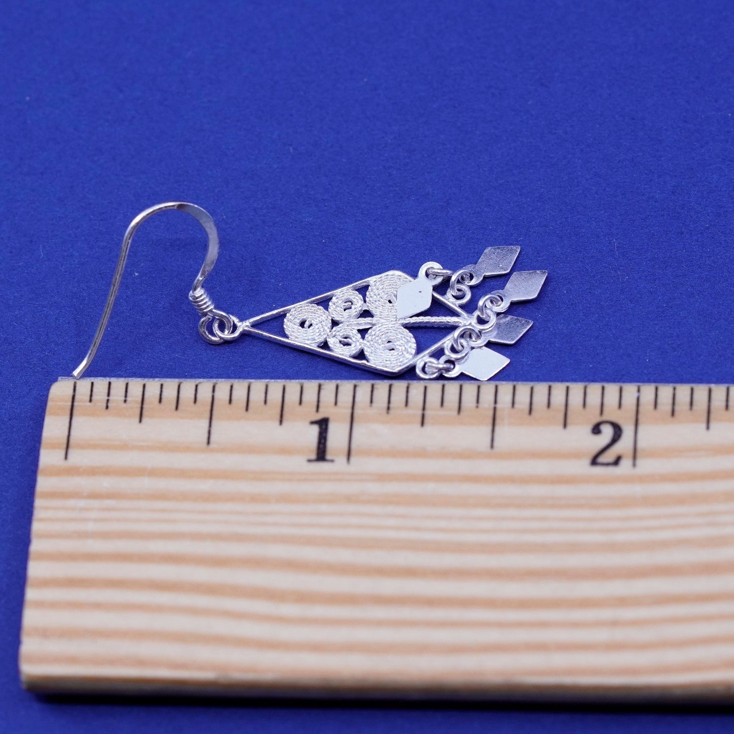 Vintage sterling silver handmade earrings, 925 filigree drop with fringe