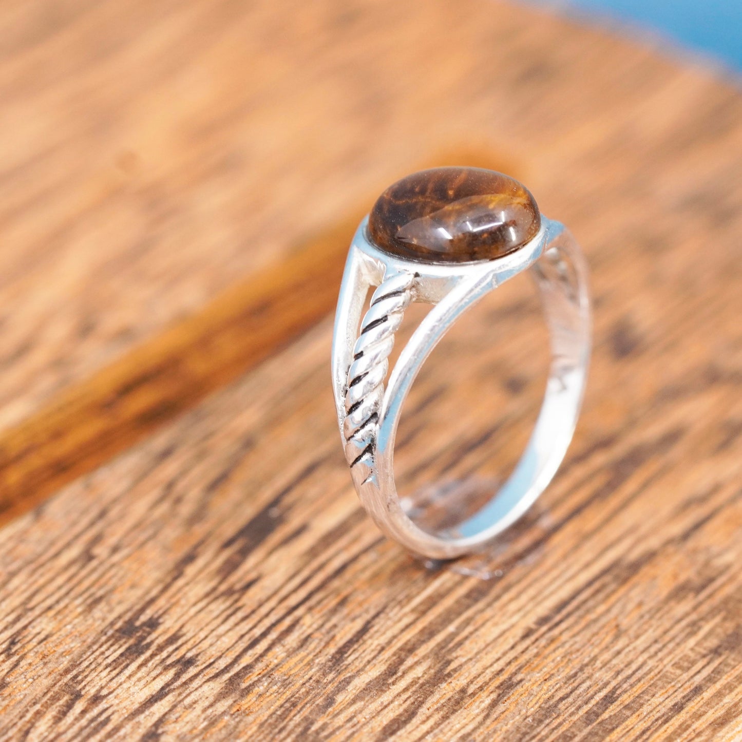 Size 7, vintage Sterling 925 silver handmade ring with golden tiger eye