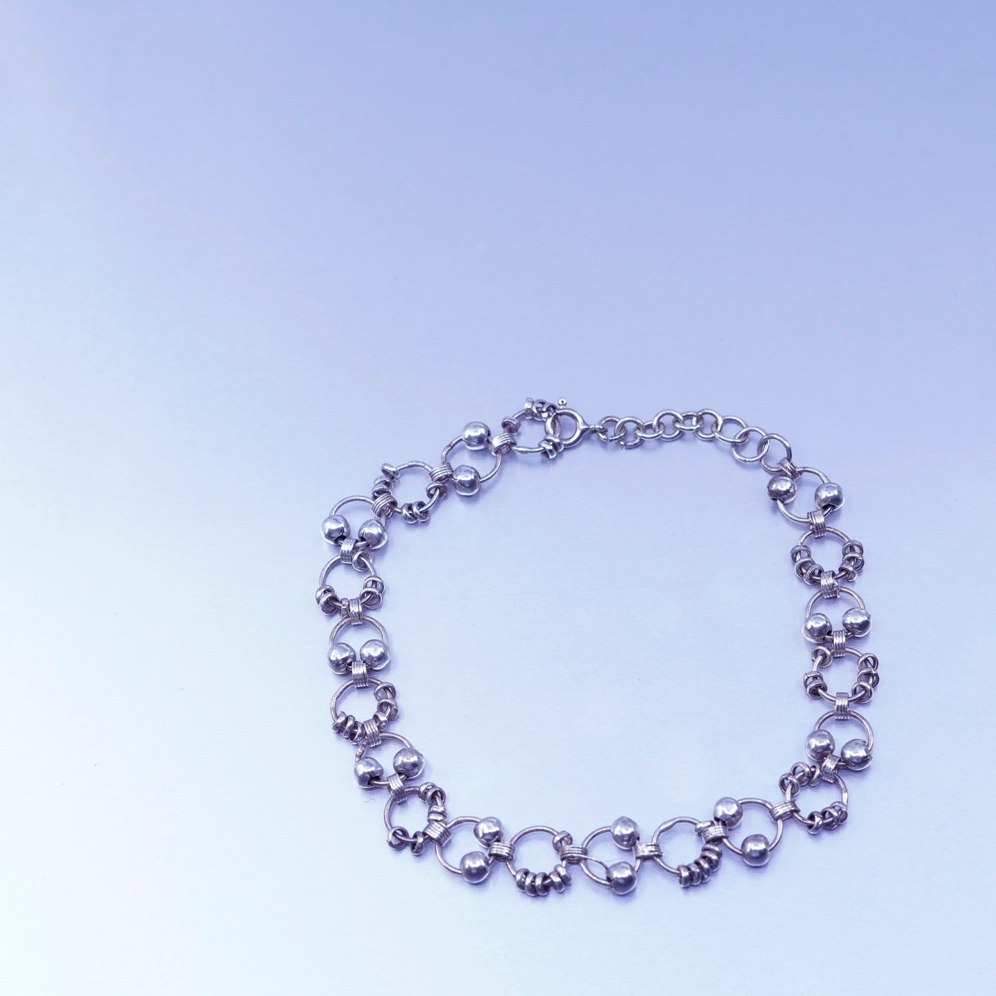 8.25”, Sterling 925 silver handmade bracelet, circle charm chain with beads