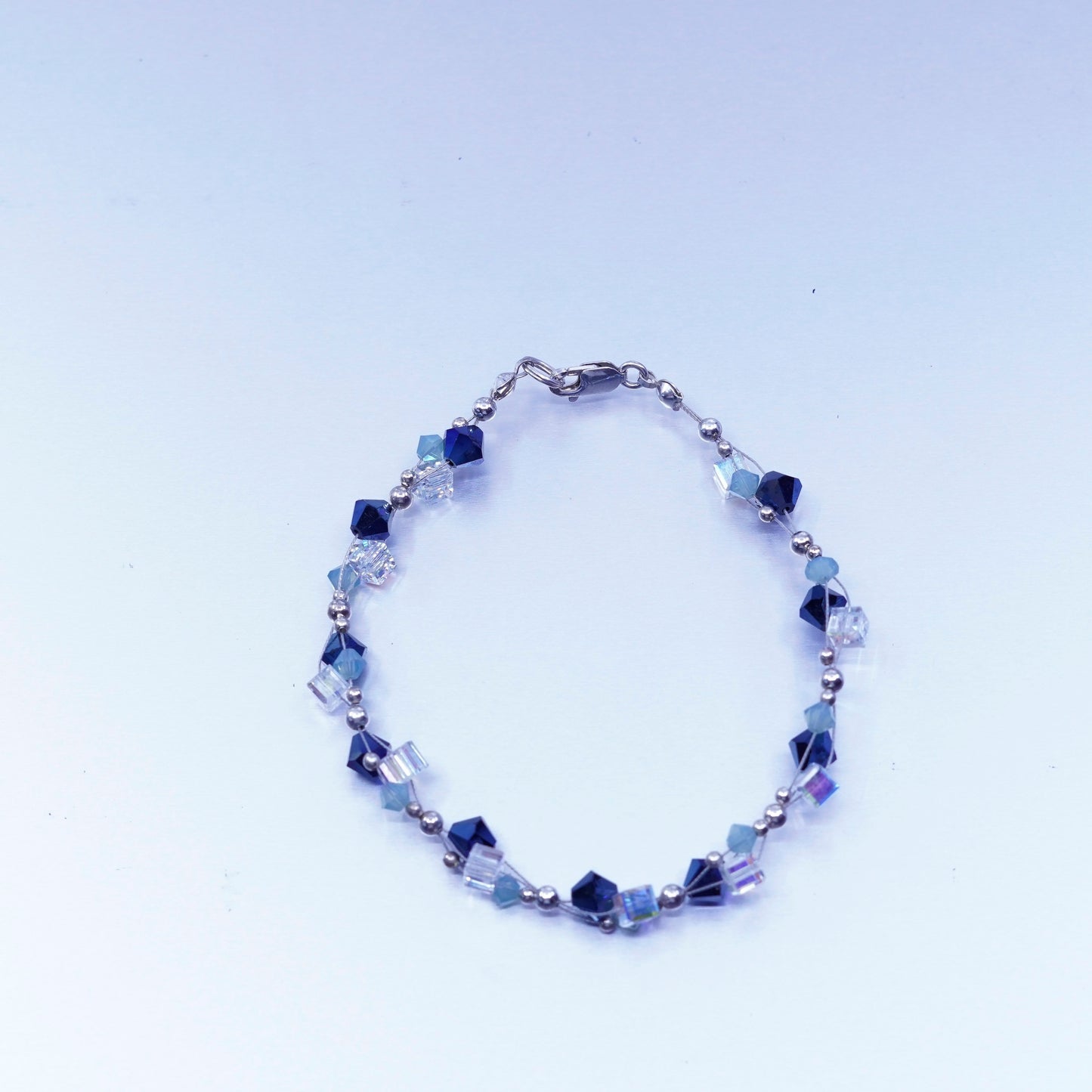 7.5”, vintage Sterling 925 silver bracelet with blue crystal beads