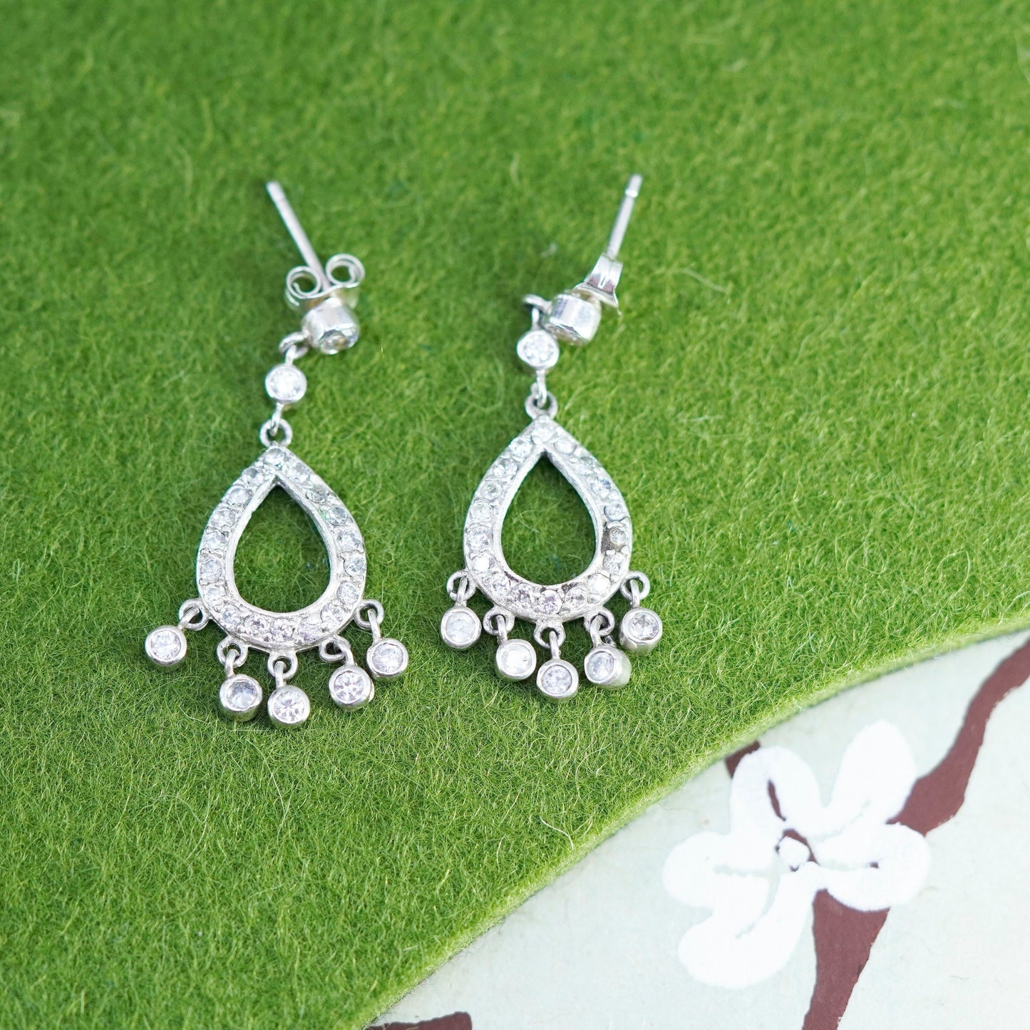 Vintage Sterling silver handmade earrings, 925 teardrop drops with cz around