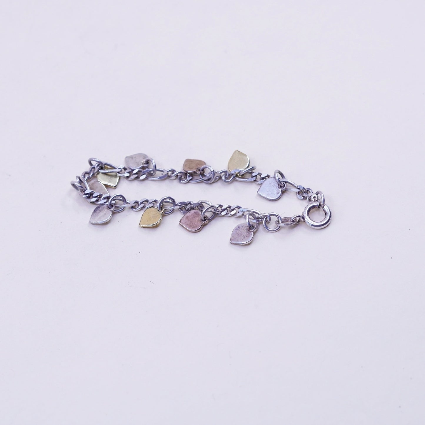 5.25”, Milor sterling silver bracelet 925 figaro chain triple tone heart charms