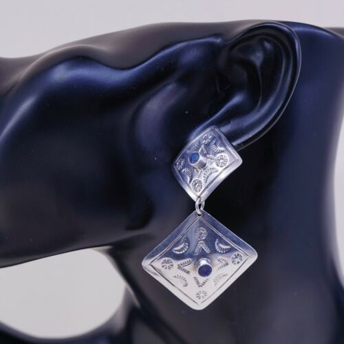 Southwestern Mexico handmade Sterling 925 Silver Square earrings W/ Blue Onyx