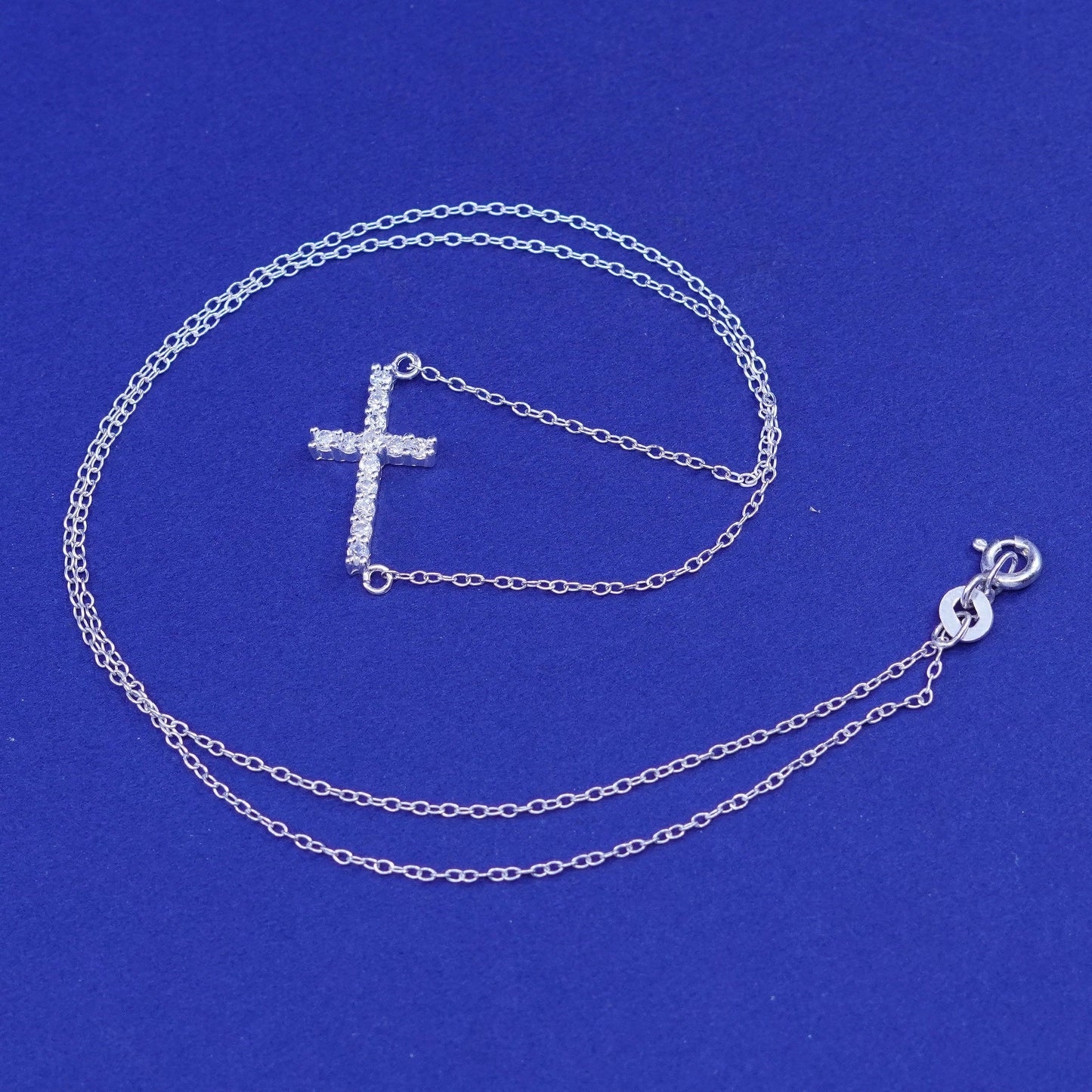18”, vintage Sterling silver necklace, 925 circle chain w/ cross pendant and Cz