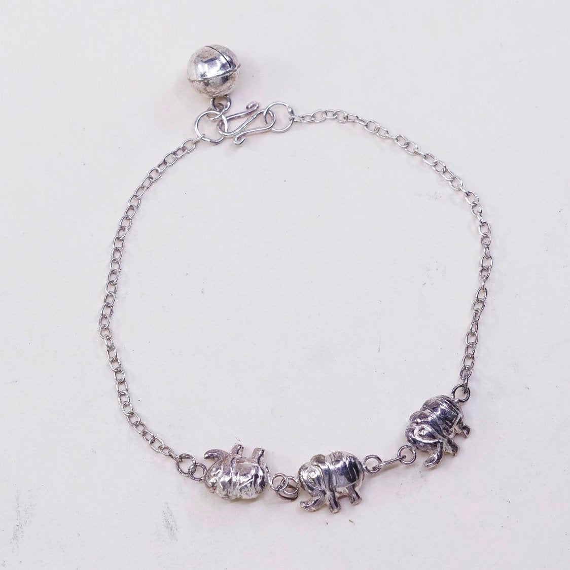 7.25”, VTG Sterling Silver Handmade Bracelet, 925 Elephant link w/ chime