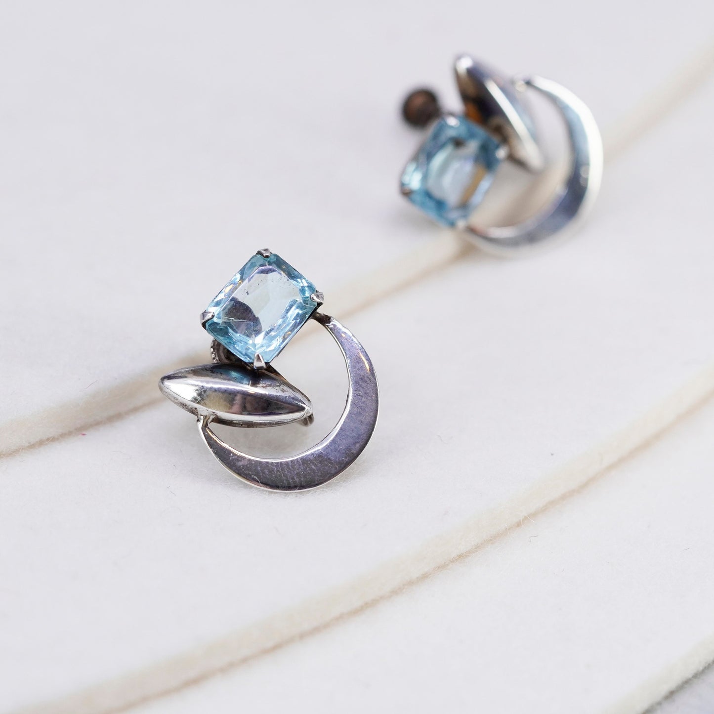 Vintage Sterling 925 silver handmade earrings, screw back moon blue rhinestone