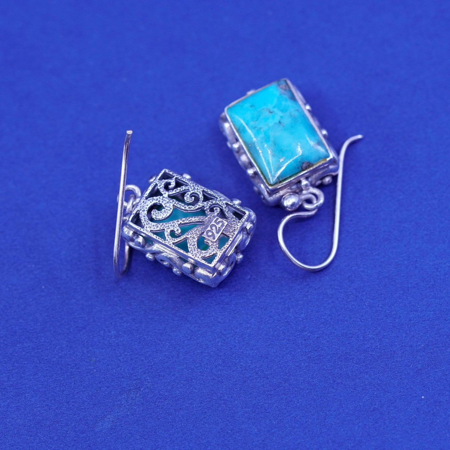 Vintage Sterling 925 silver handmade filigree bali earrings with turquoise