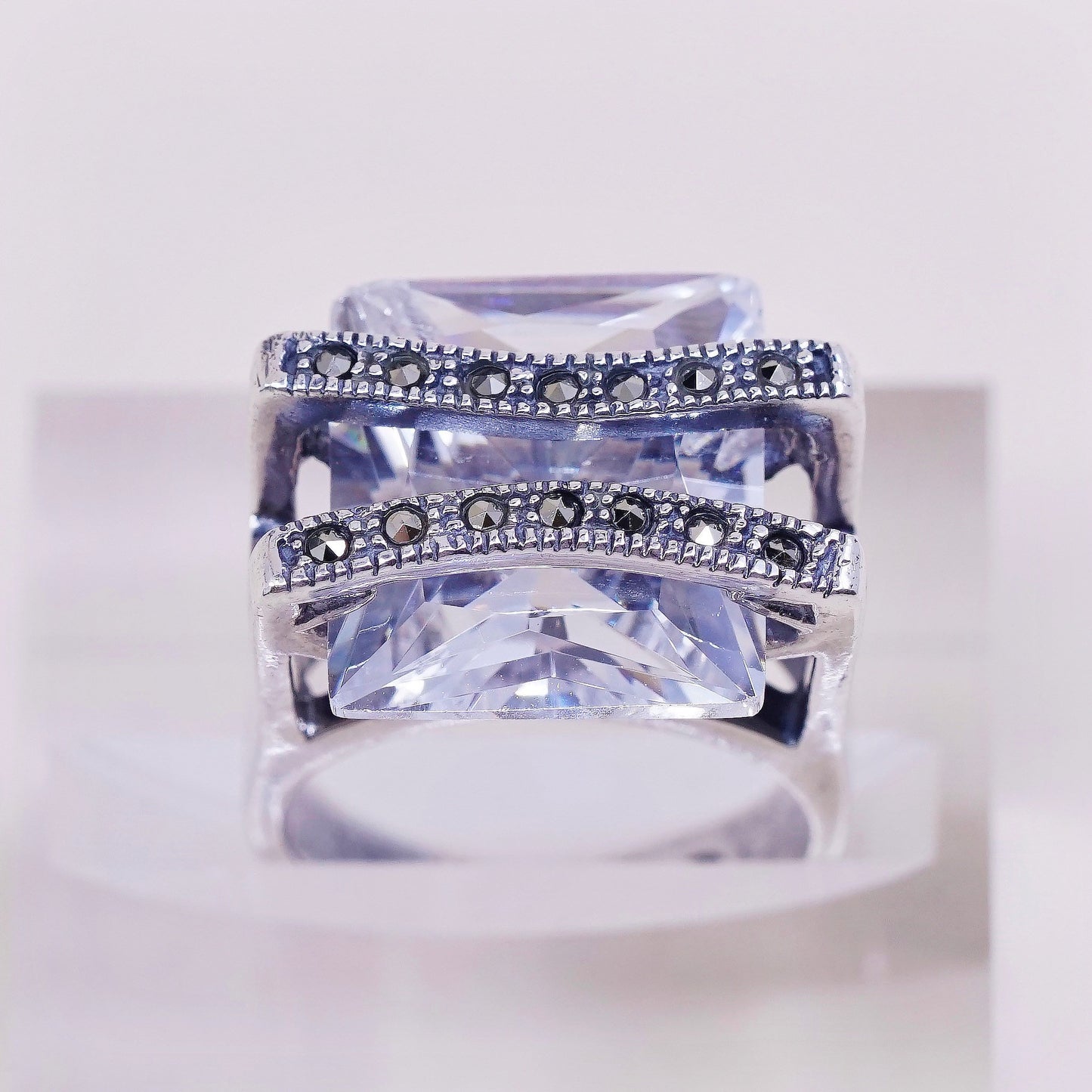 sz 4.75, vtg Sterling silver handmade cocktail ring w/ CZ and marcasite