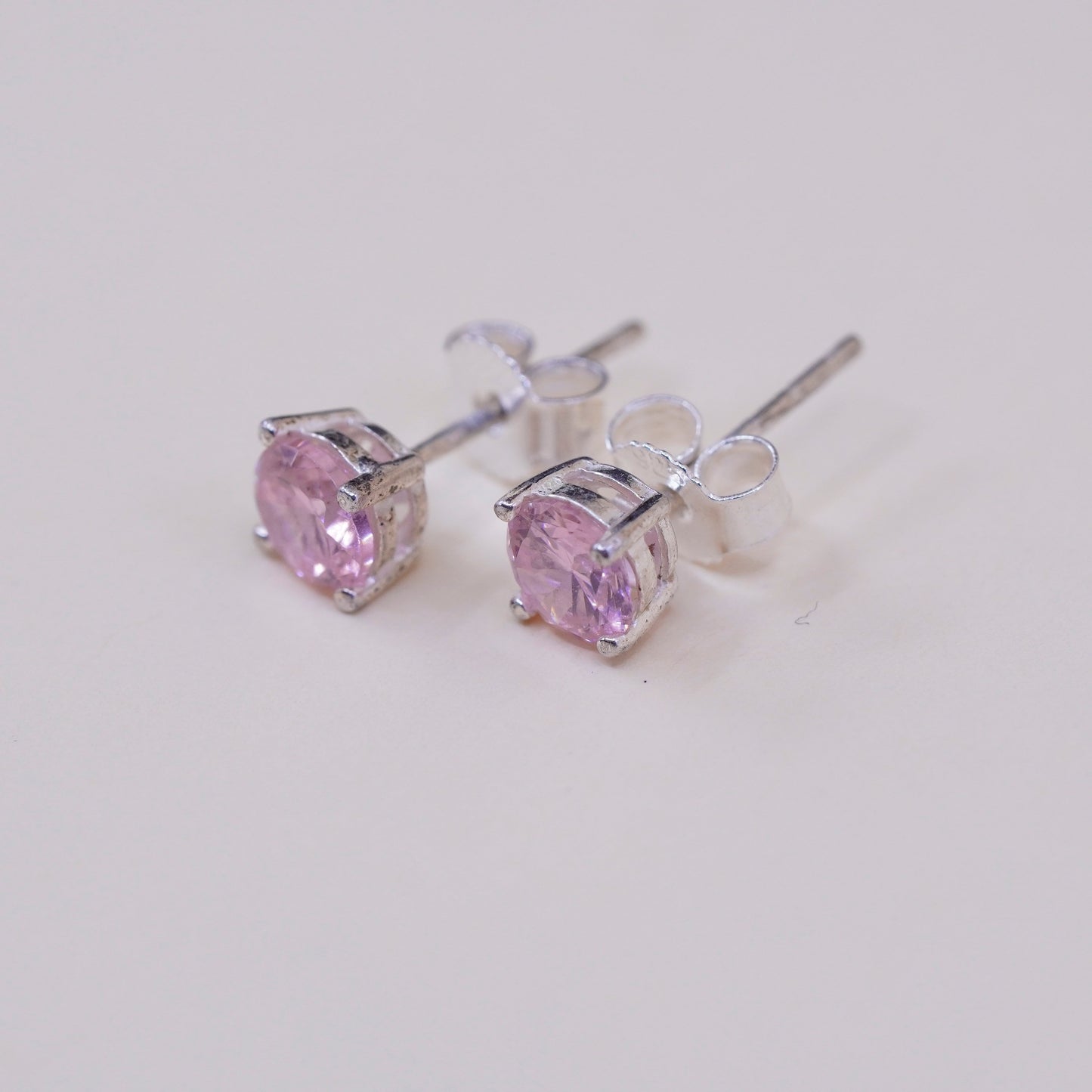 Vintage sterling silver studs with pink Cz, fashion minimalist earrings