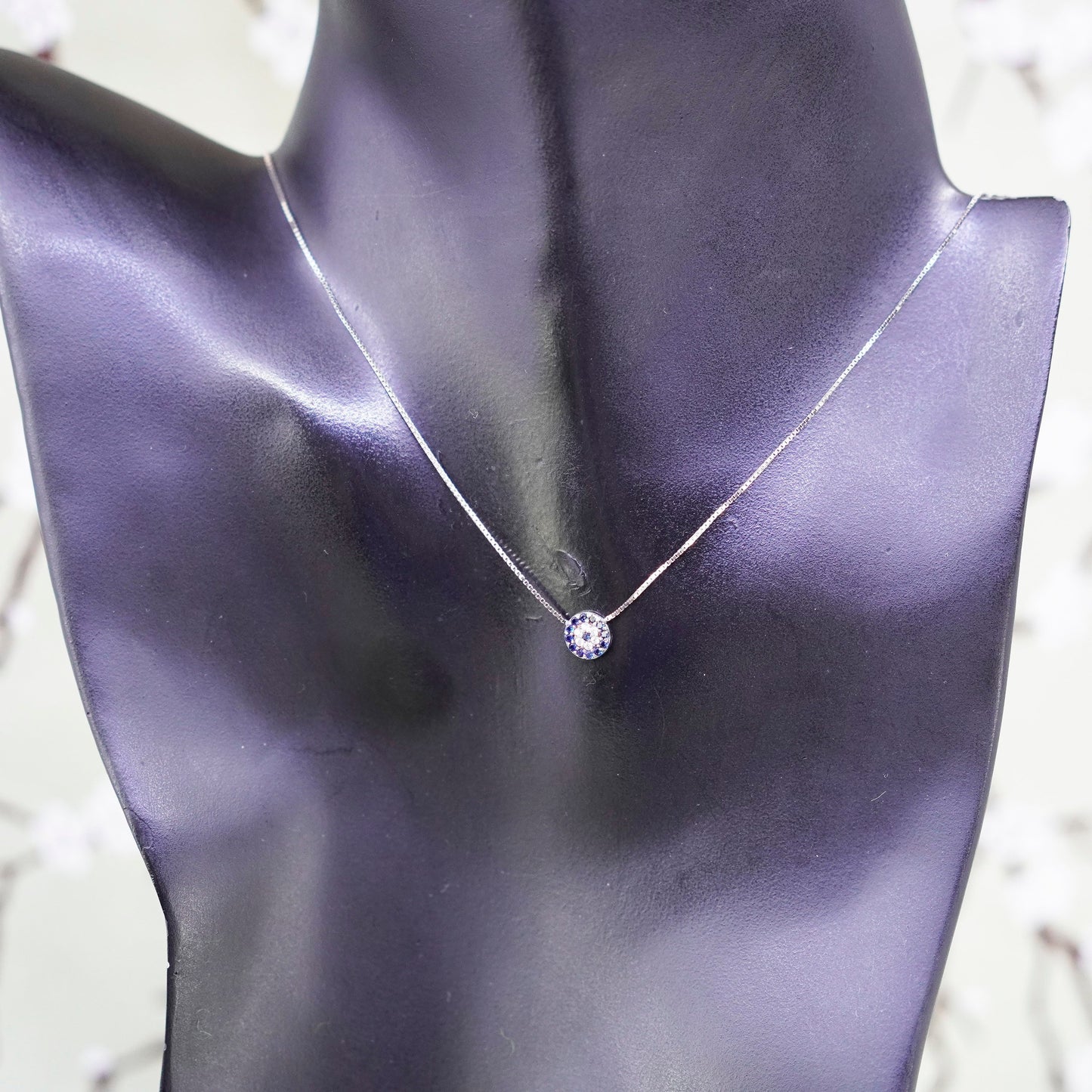 18”, Vintage Sterling silver handmade necklace, 925 box chain sapphire pendant