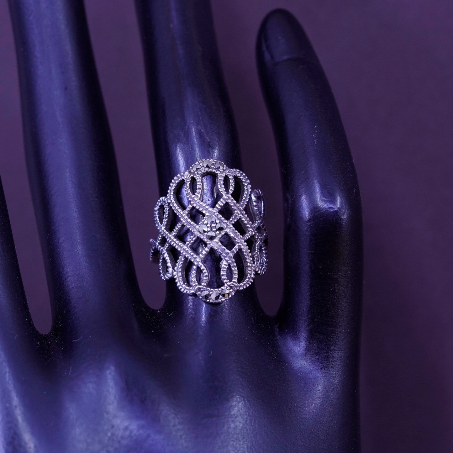 Size 5.5, vtg Art Deco Sterling silver handmade ring, wide 925 band marcasite