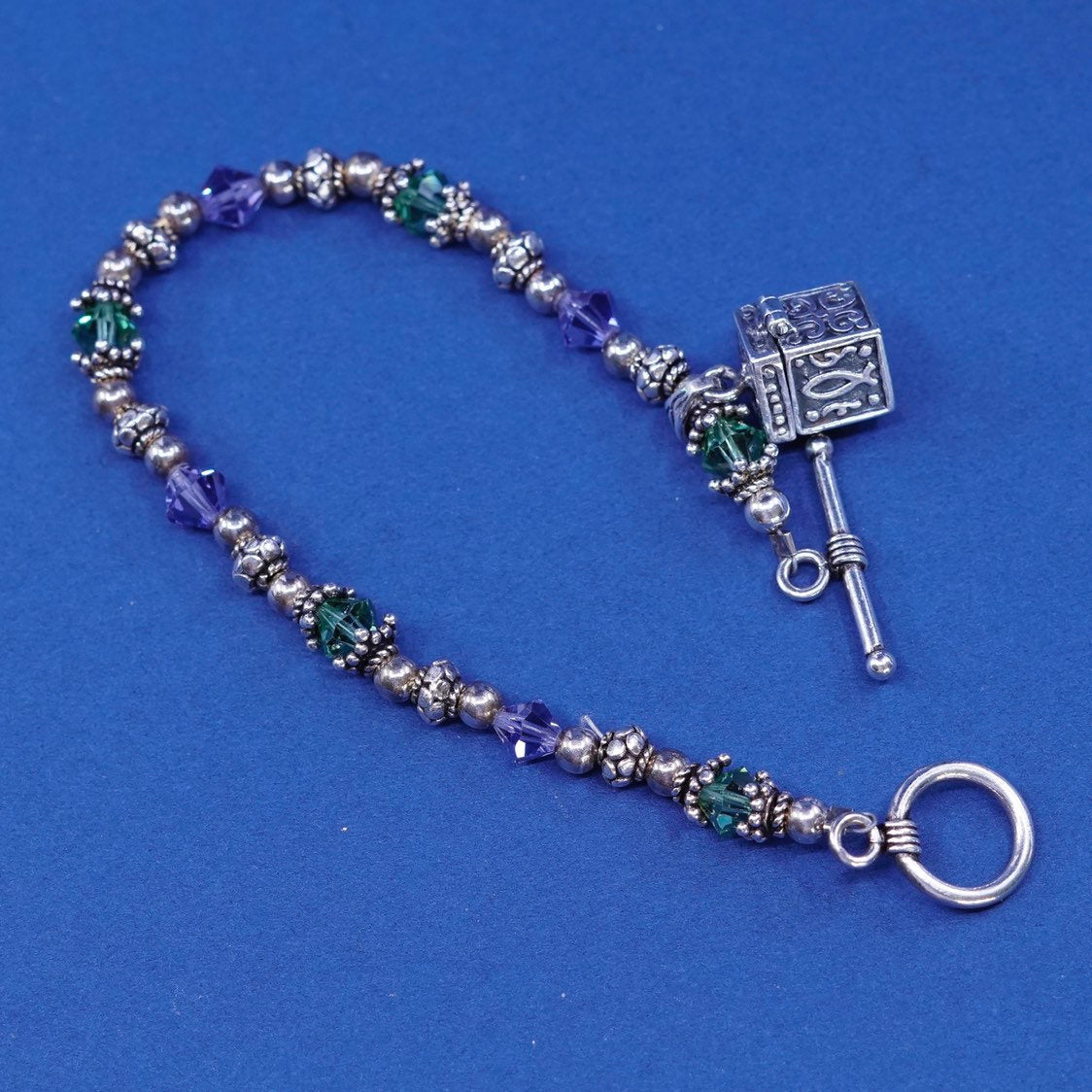 6.75", vtg sterling silver bracelet 925 beads w/ crystal N prayer locket charms