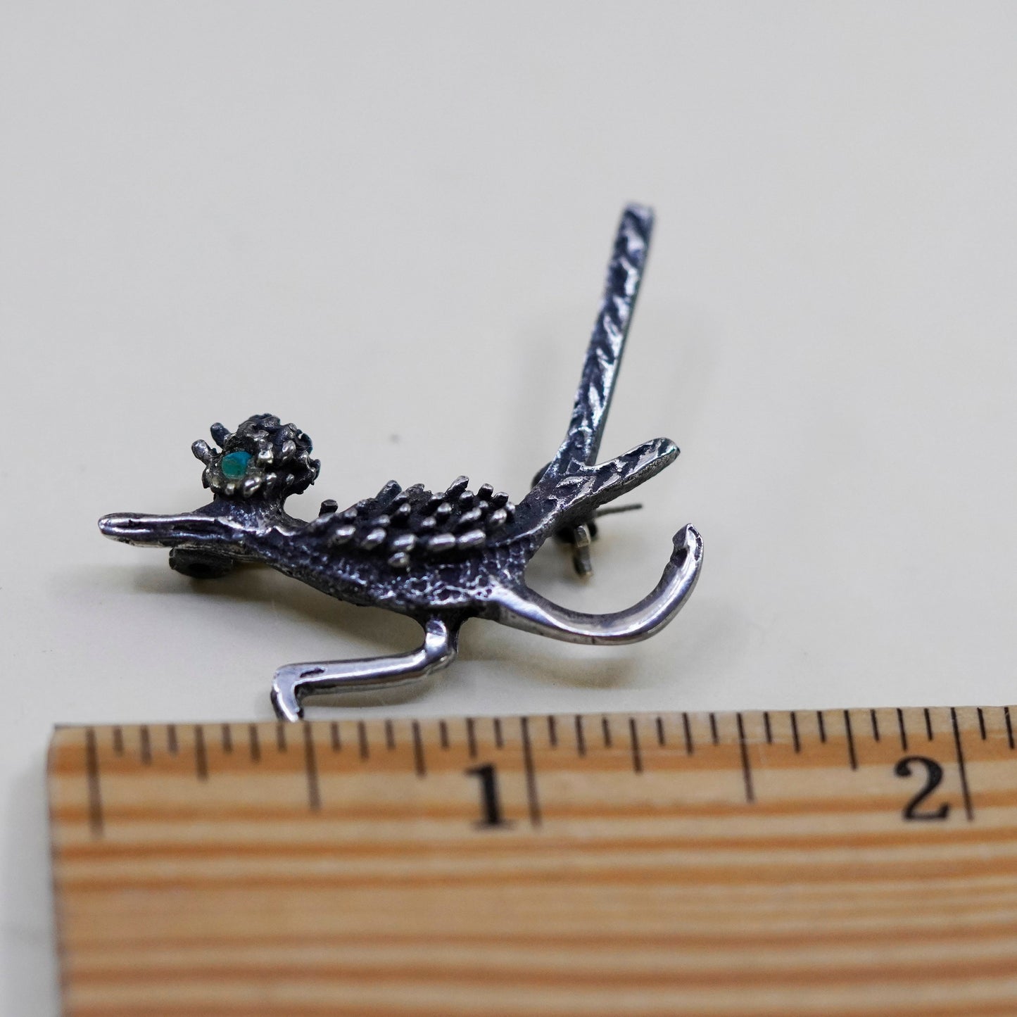 vtg Navajo sterling silver handmade brooch, 925 roadrunner bird pin turquoise