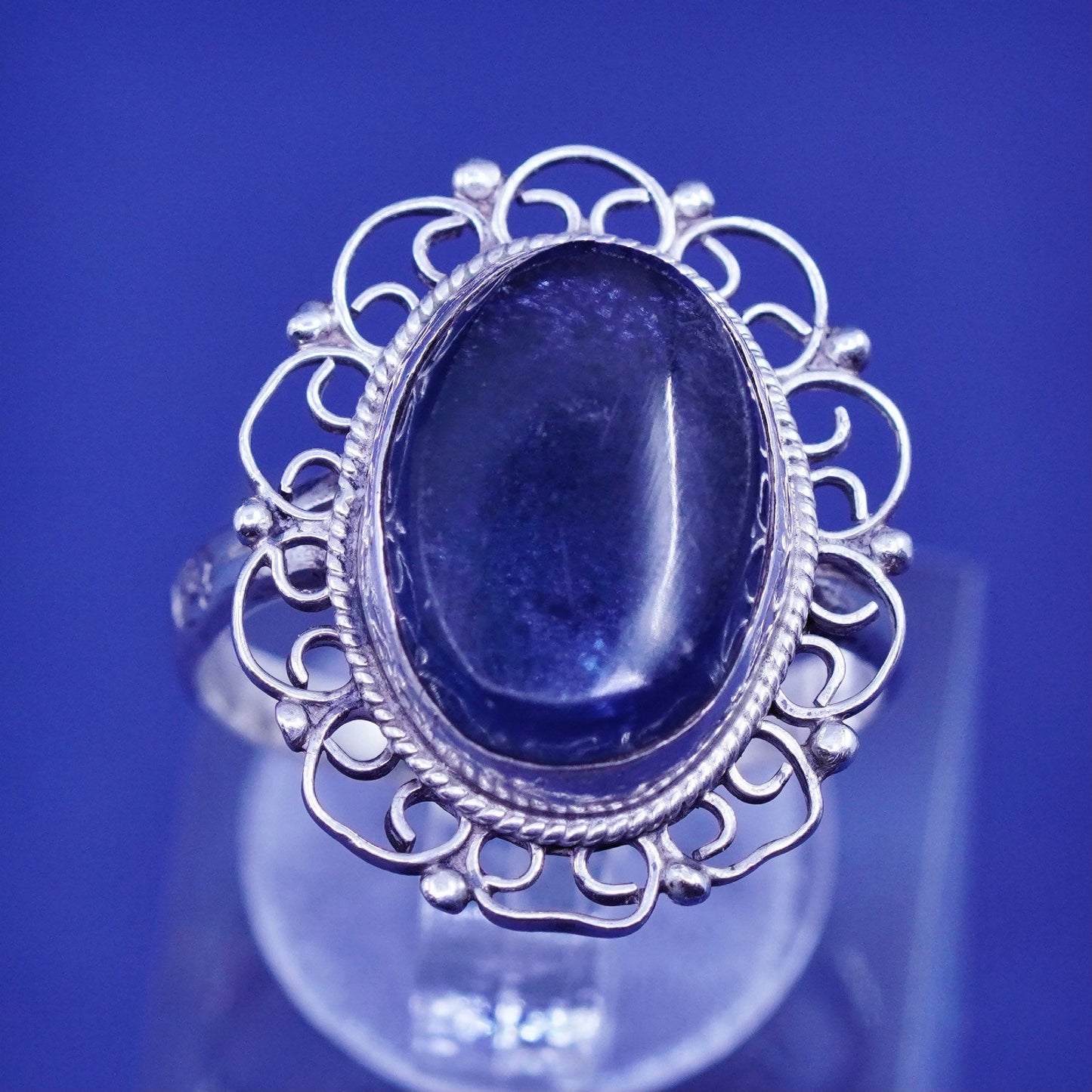 Size 7, vintage Peru Sterling 925 silver handmade filigree ring with glass