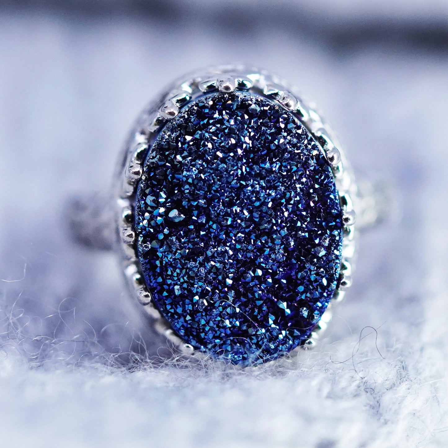 Size 7, vintage Sterling 925 silver handmade ring blue druzy glittering quartz