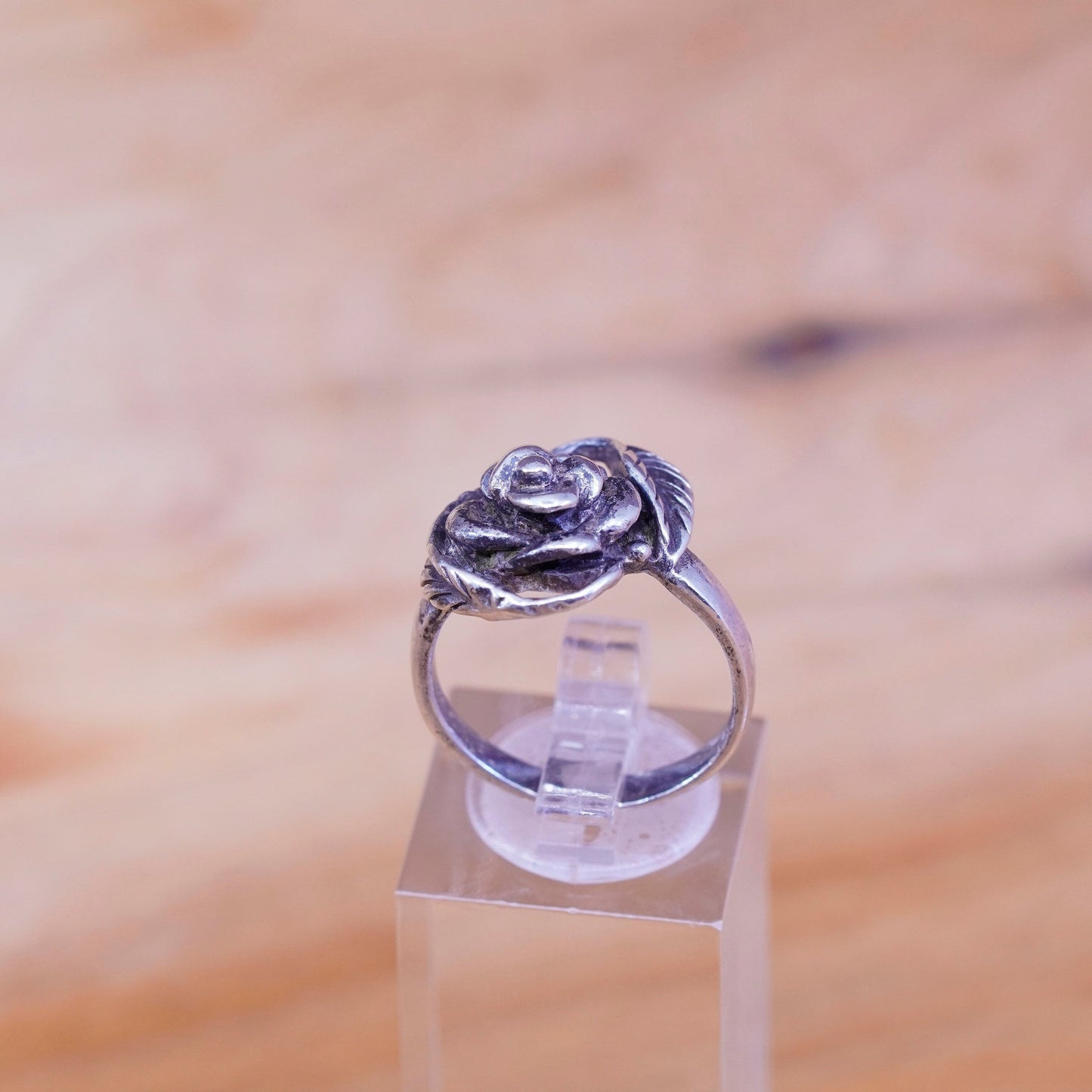 Size 6.5, vintage Sterling silver handmade ring, 925 rose flower on vine