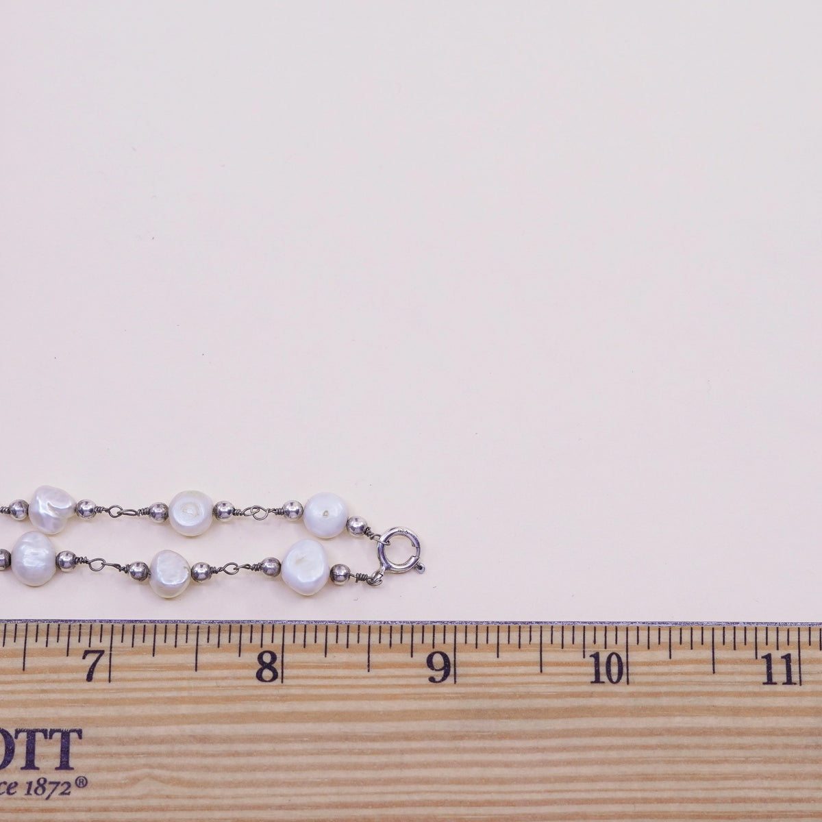 18”, Vintage handmade Sterling 925 silver necklace with pearl beads details