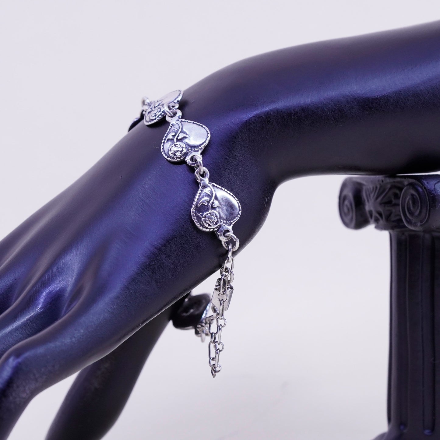 7.5”, Vintage sterling silver handmade bracelet, 925 heart chain with flower