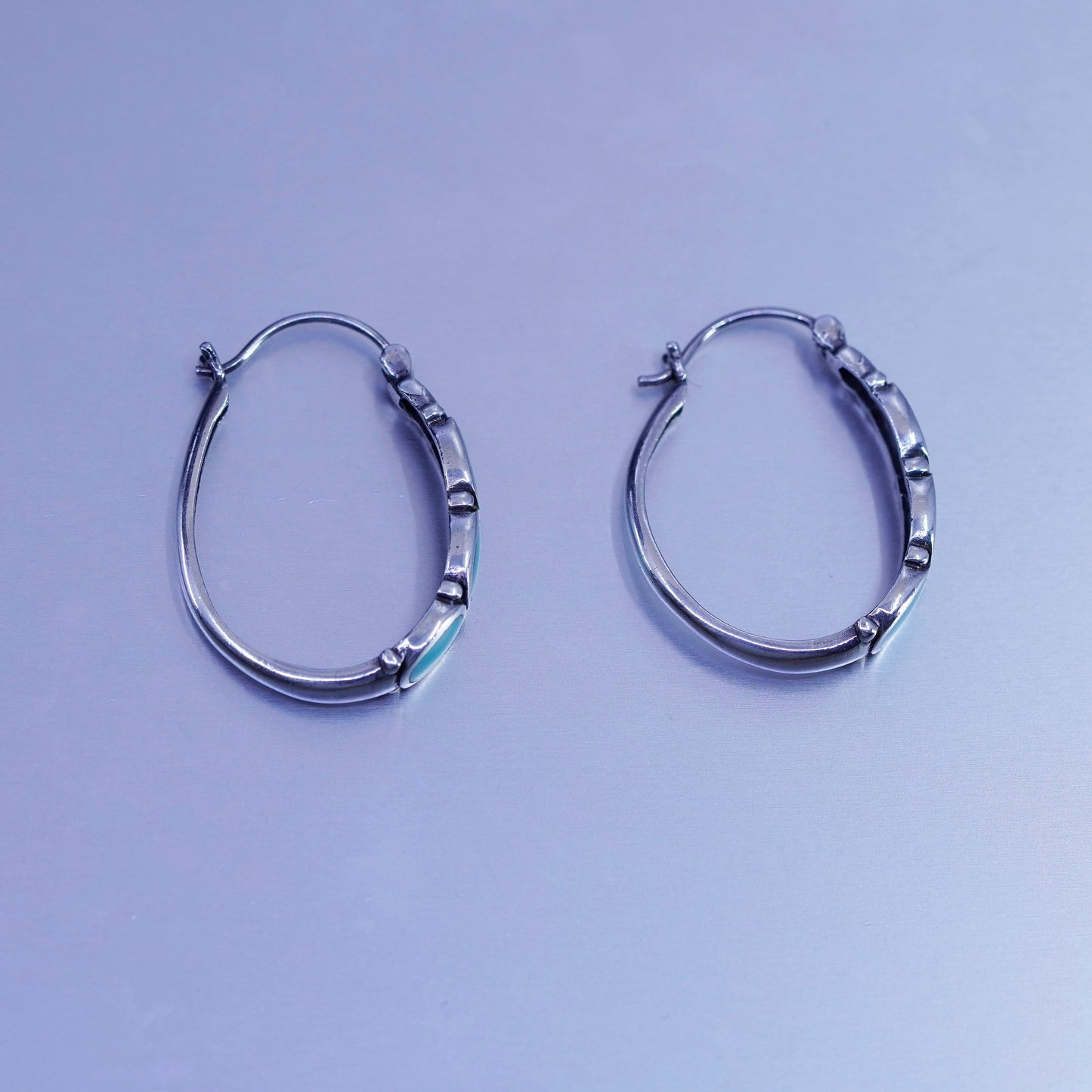 1”, vintage Sterling silver handmade earrings, 925 huggie hoops with turquoise