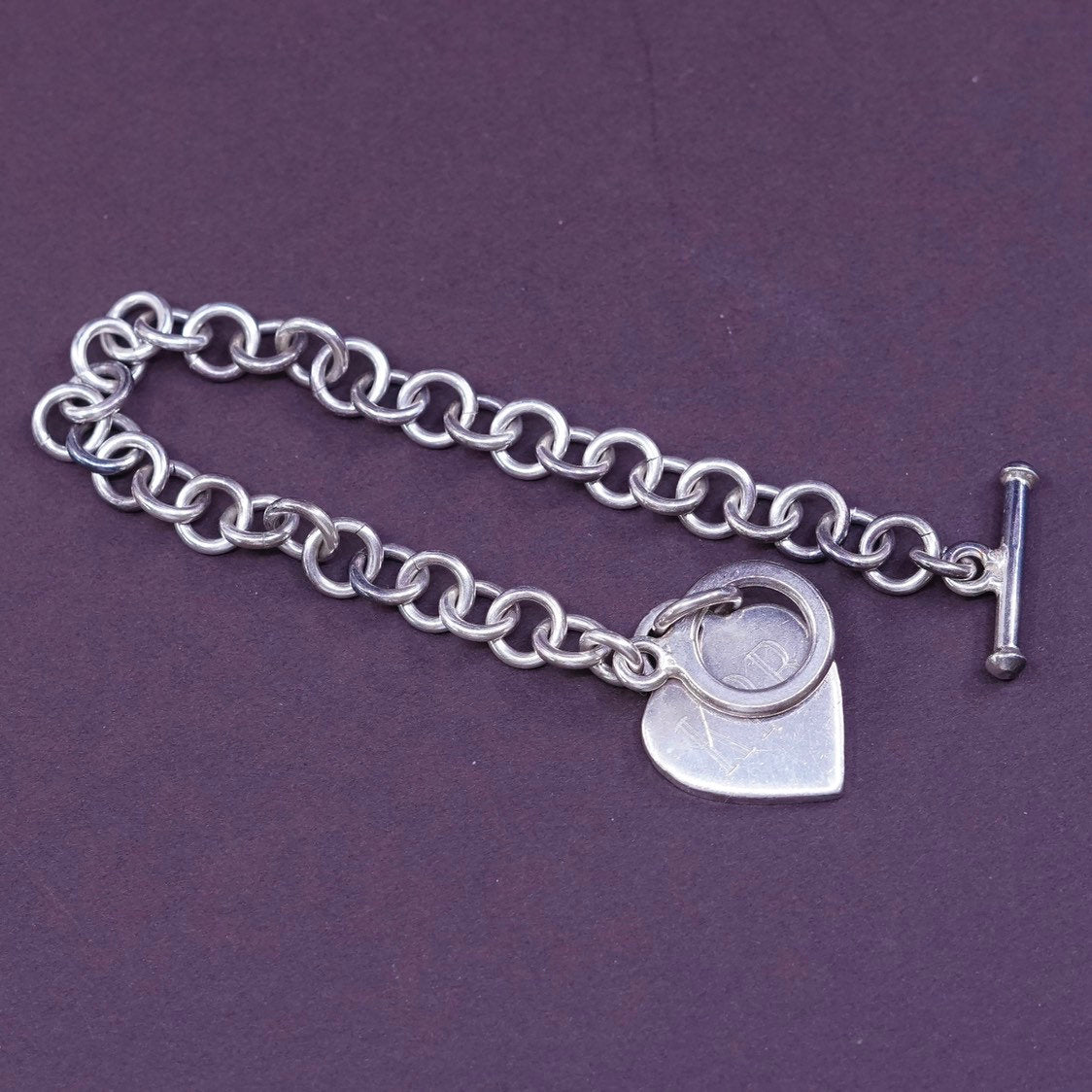6.25", 7mm, vtg Sterling 925 silver handmade monogram “KPB” bracelet toggle