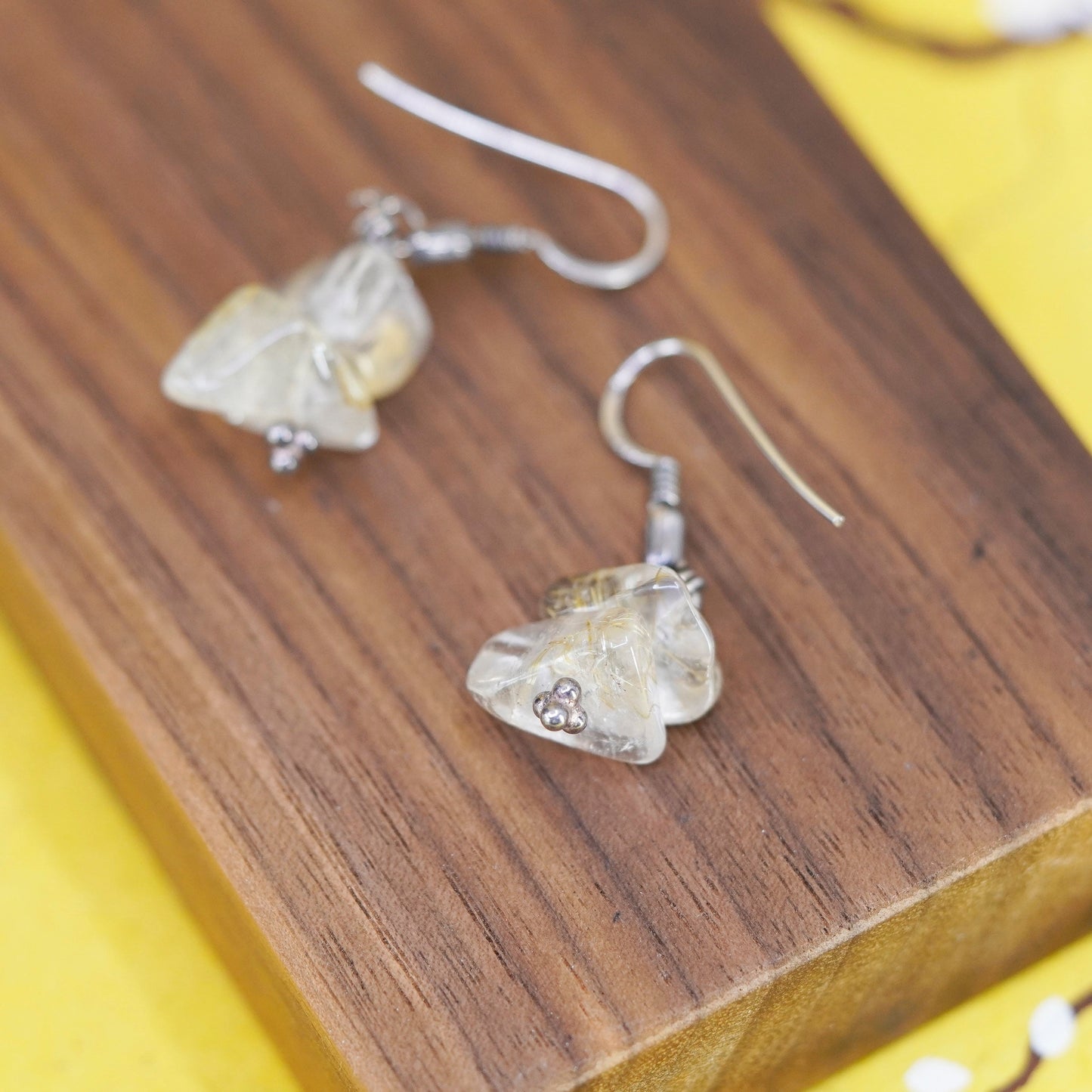 Vintage Sterling 925 silver handmade earrings with rutilated quartz nugget