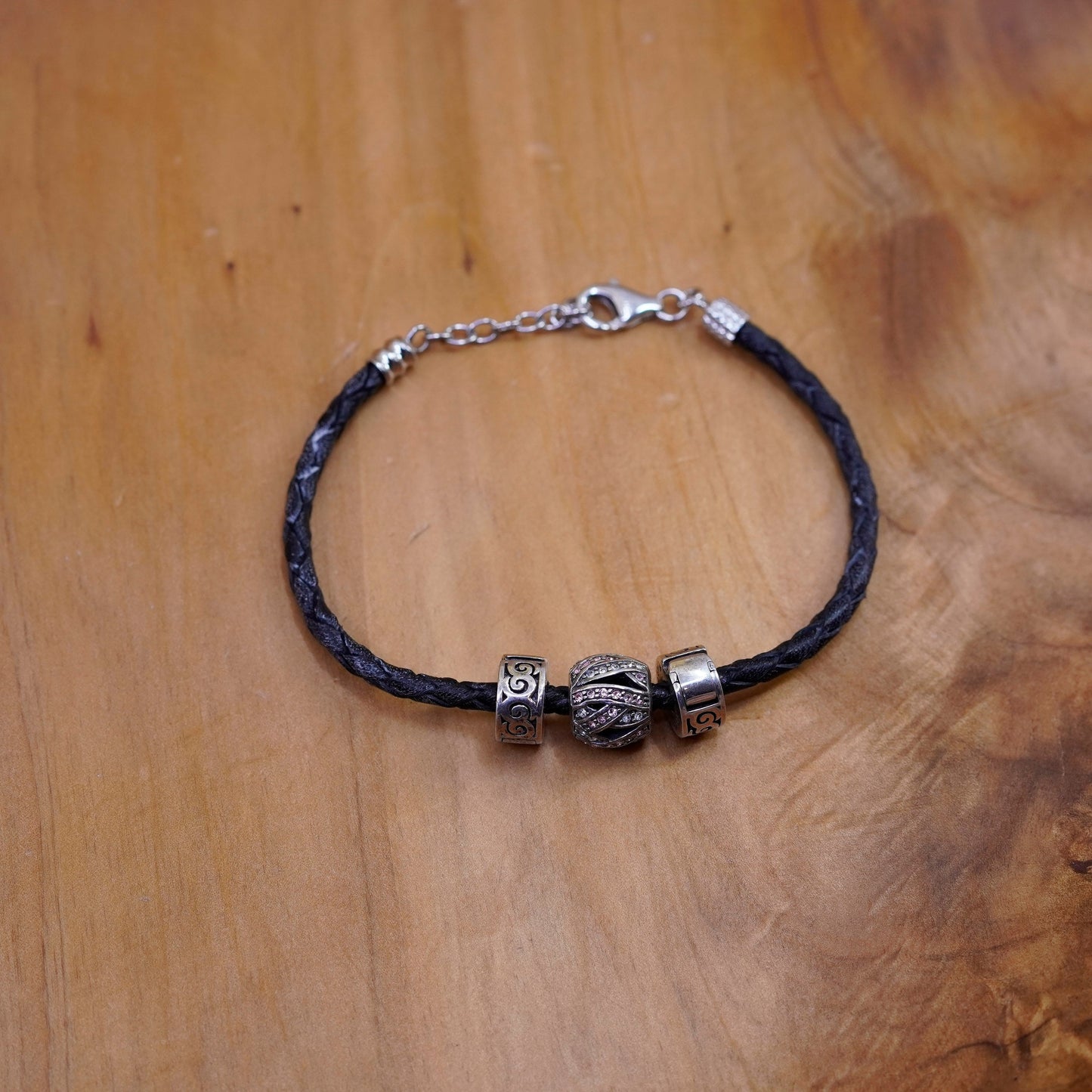 7”, CHAMILIA CHAM sterling 925 silver bracelet, leather core 3 bead charms