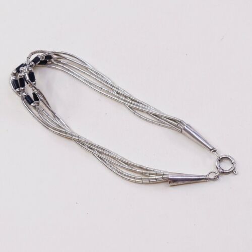 7”, Vtg Sterling Silver Handmade Bracelet, 925 Liquid Bracelet W/ Obsidian