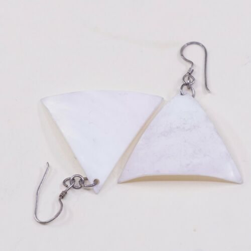 Vtg STERLING 925 SILVER Handmade Shell MOTHER OF PEARL EARRINGS Dangles