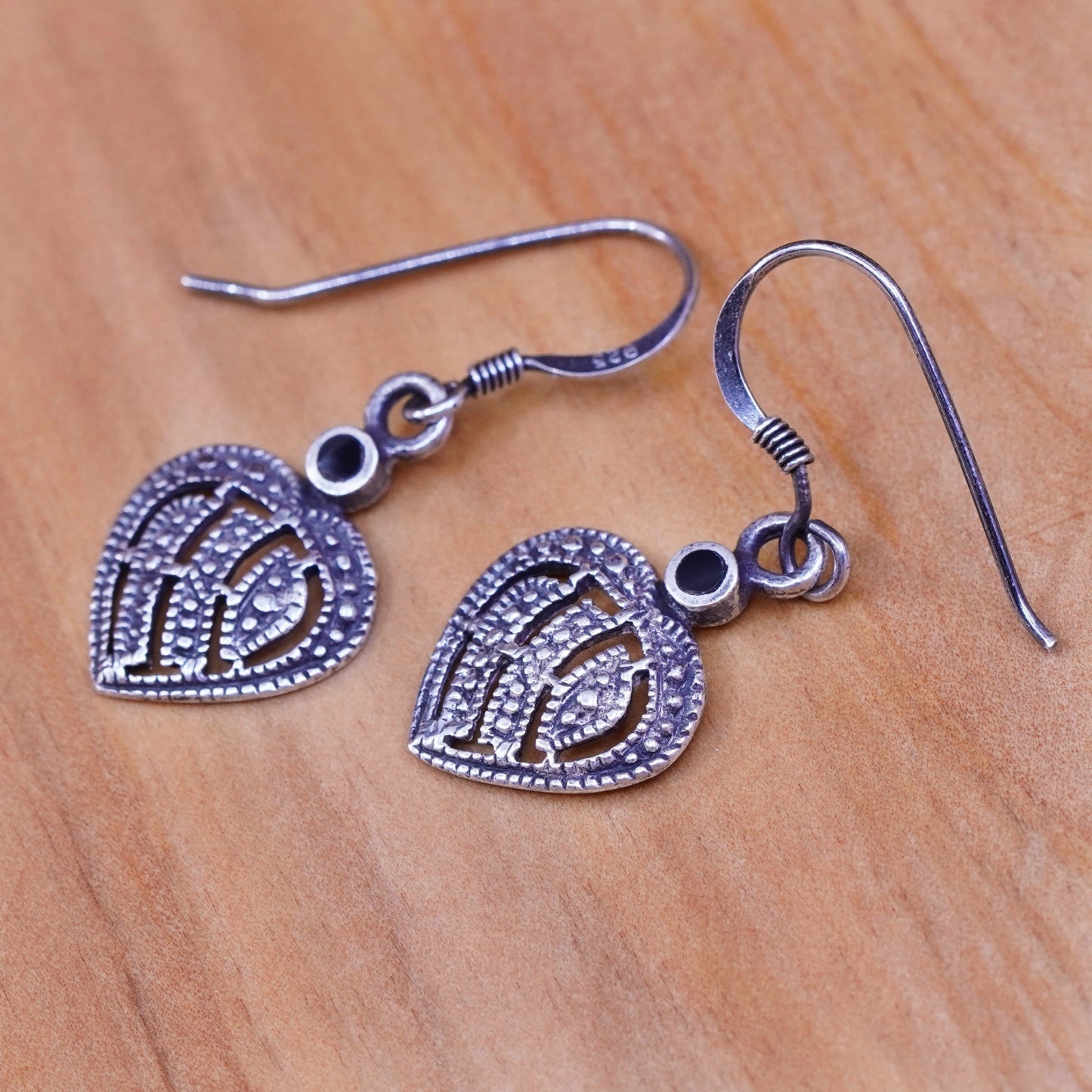 Vintage Sterling 925 silver handmade heart earrings with obsidian