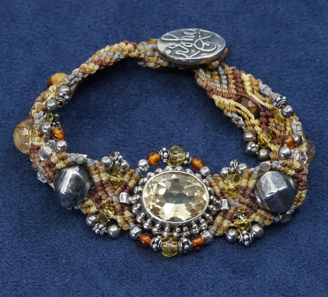 6.25", vtg Sterling silver handmade bracelet, 925 w/ citrine N linen braided