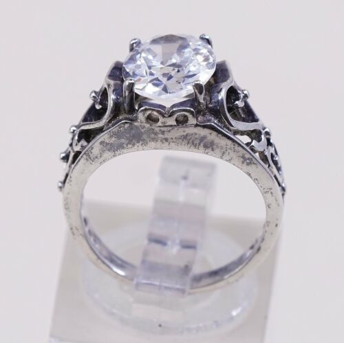 Sz 5.5, Vtg Sterling silver handmade ring, 925 Filigree band W/ CZ N Heart