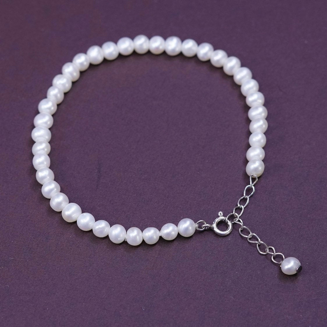 7.25”, vtg Sterling silver handmade bracelet, pearl beads chain w/ 925 clasp