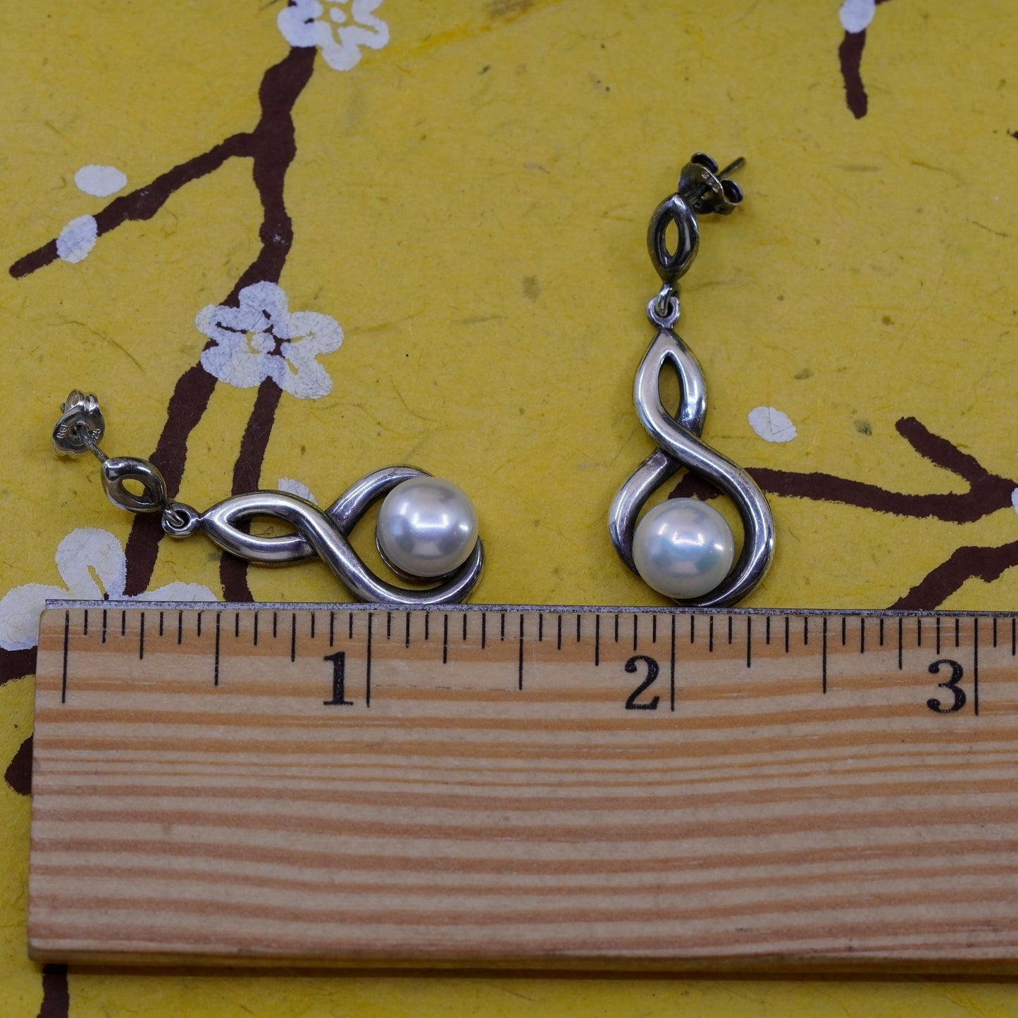 Vintage CFJ Sterling 925 silver handmade entwined earrings with pearl
