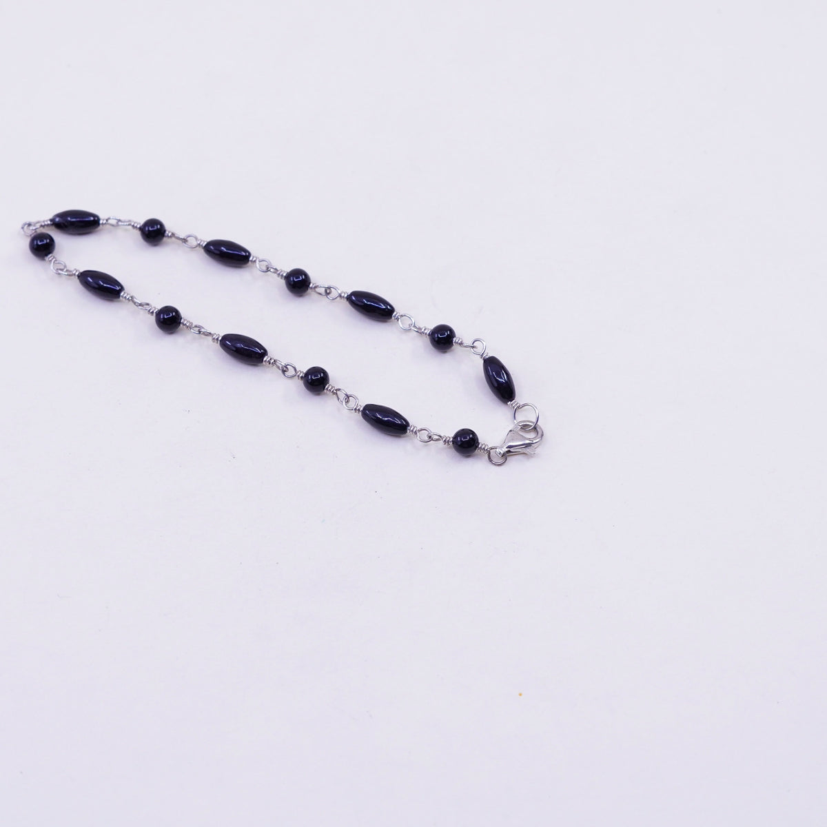 7.25”, Vintage Sterling 925 silver bracelet with obsidian link chain