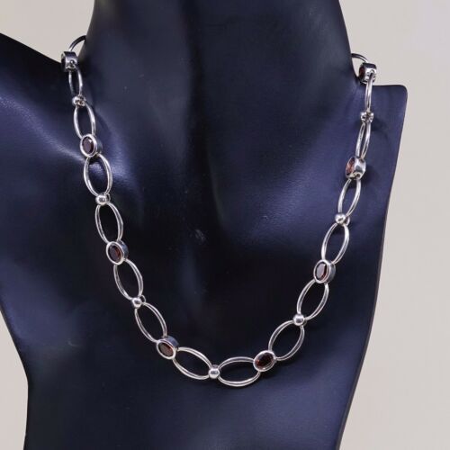 16+2” Vtg Handmade Sterling 925 Silver Oval Chain W/ Ruby Details, Stamped 925