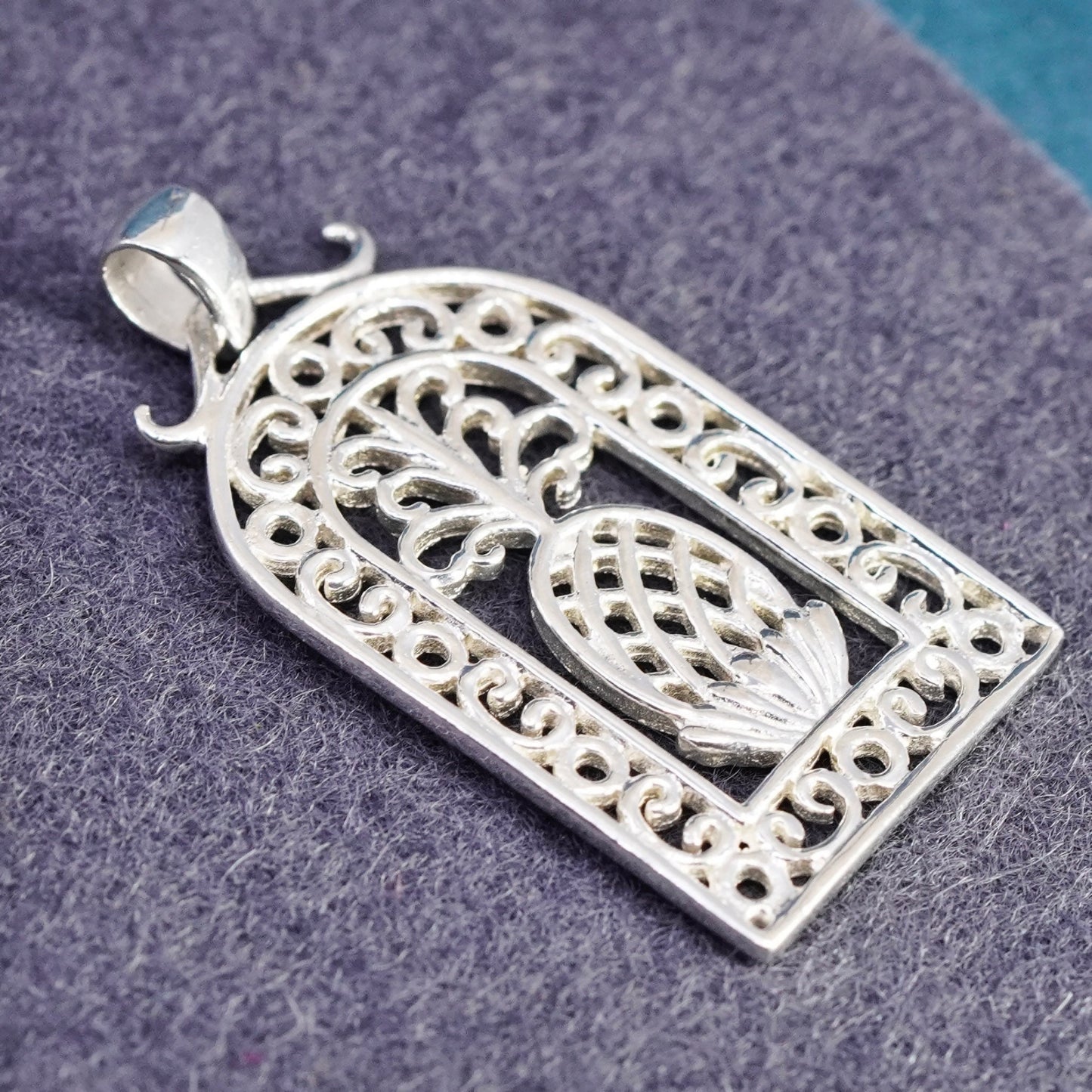 Vintage sterling 925 silver handmade pendant, filigree pine apple charm